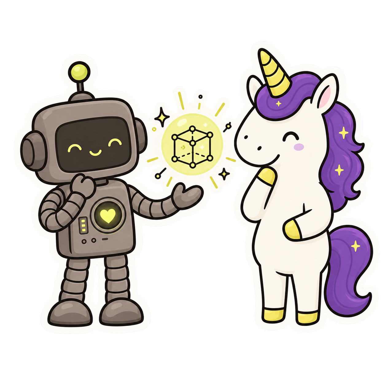 The U+R robot and unicorn working out an idea together