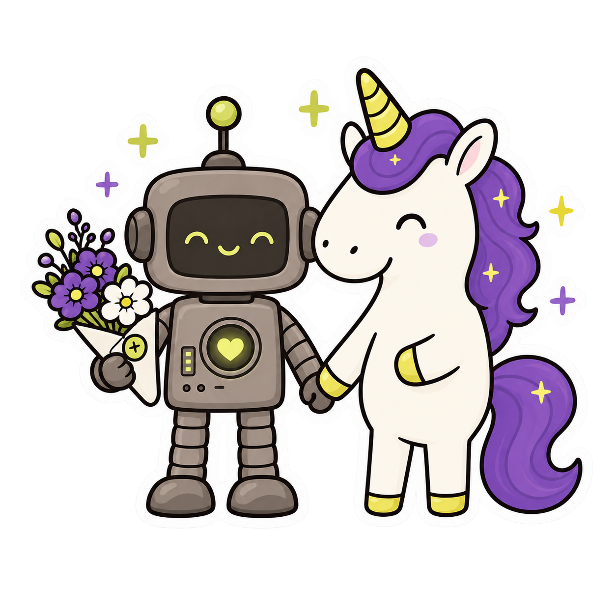 The U+R robot and unicorn, holding a bunch of flowers